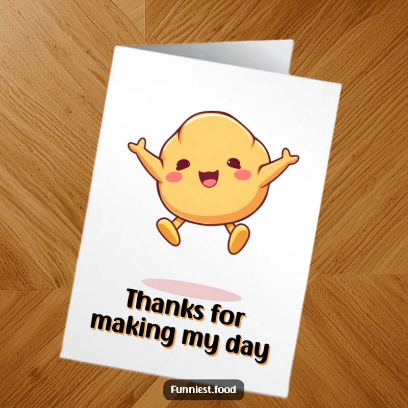 Funny Free Printable Thank You Card: A croissant with butter feet mid-air sends thanks with a cheerful jump.