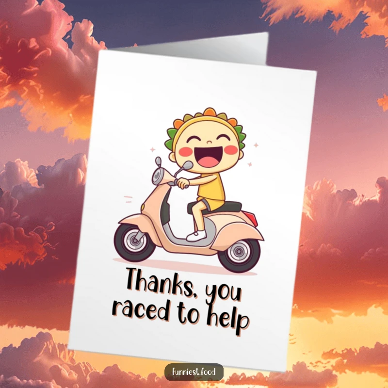 Funny Free Printable Thank You Card: A laughing taco character races on a scooter with dramatic speed lines.