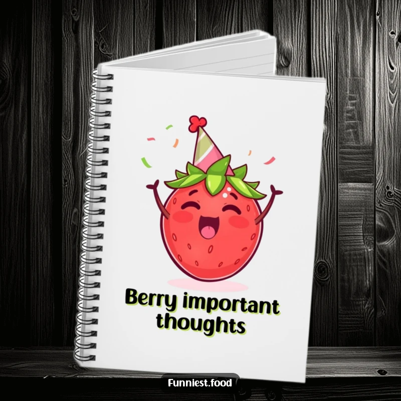 Funny notebook featuring an excited strawberry in a party hat, cheering with streamers, ideal for capturing humorous thoughts.