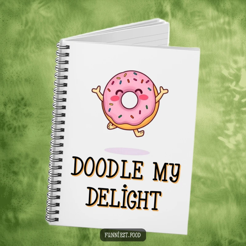 Funny Notebook with a donut character jumping and dancing with sprinkles, perfect for creative writing and sweet journaling.