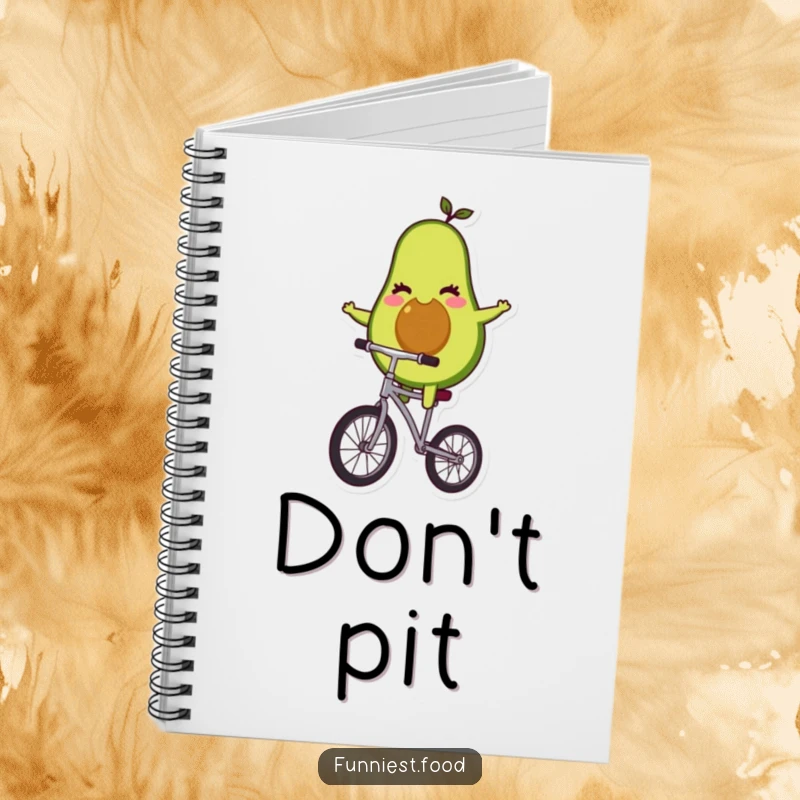 Funny avocado character balancing on a unicycle on a notebook cover, ideal for jotting down notes.