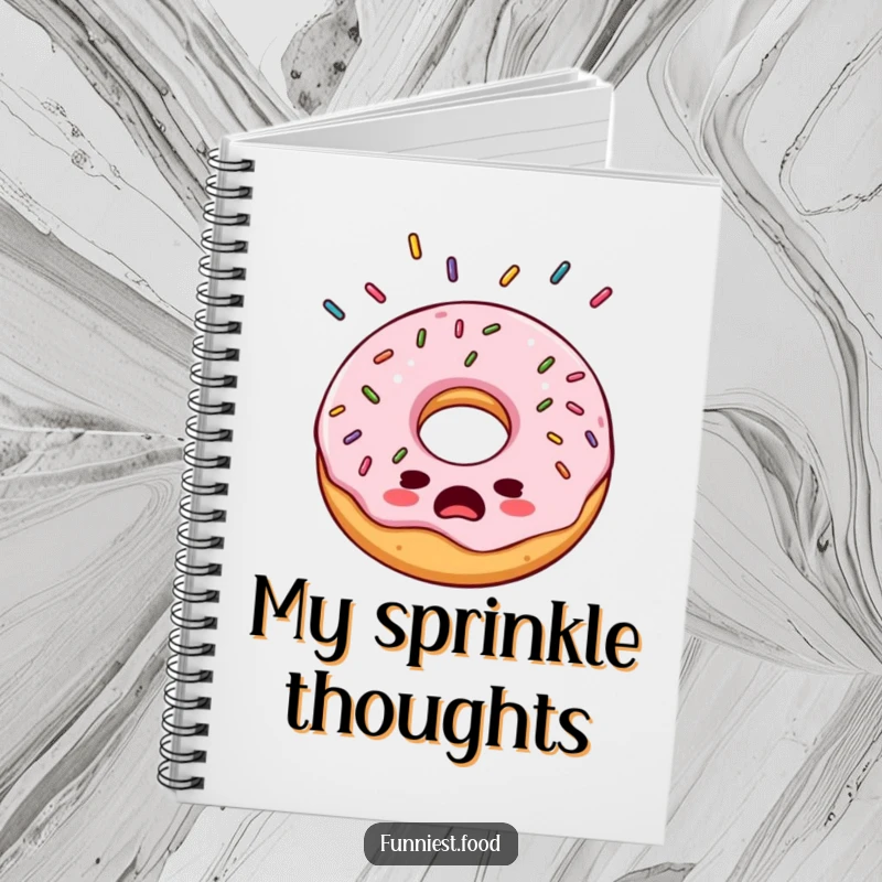 Funny bewildered donut notebook, its cover showing a donut bewildered by falling sprinkles, ideal for jotting down thoughts.