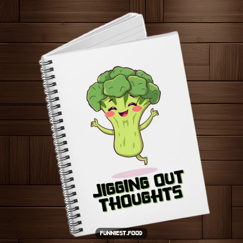Funny broccoli notebook featuring a bouncing broccoli performing a silly jig with a grin, perfect for jotting notes with a fun gift.