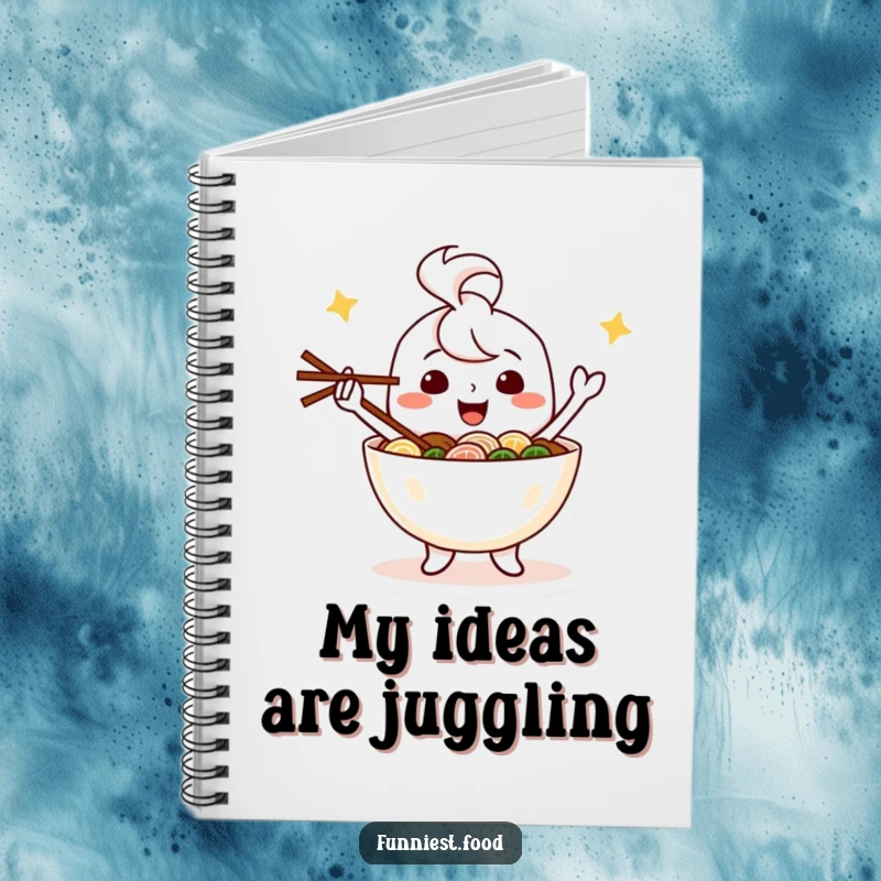 Funny notebook featuring a happy ramen bowl character juggling chopsticks, perfect for journaling or creative writing.