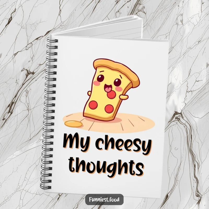 Funny Notebook featuring a giggling pizza slice character sliding across a surface, perfect for jotting down notes or pizza ideas.