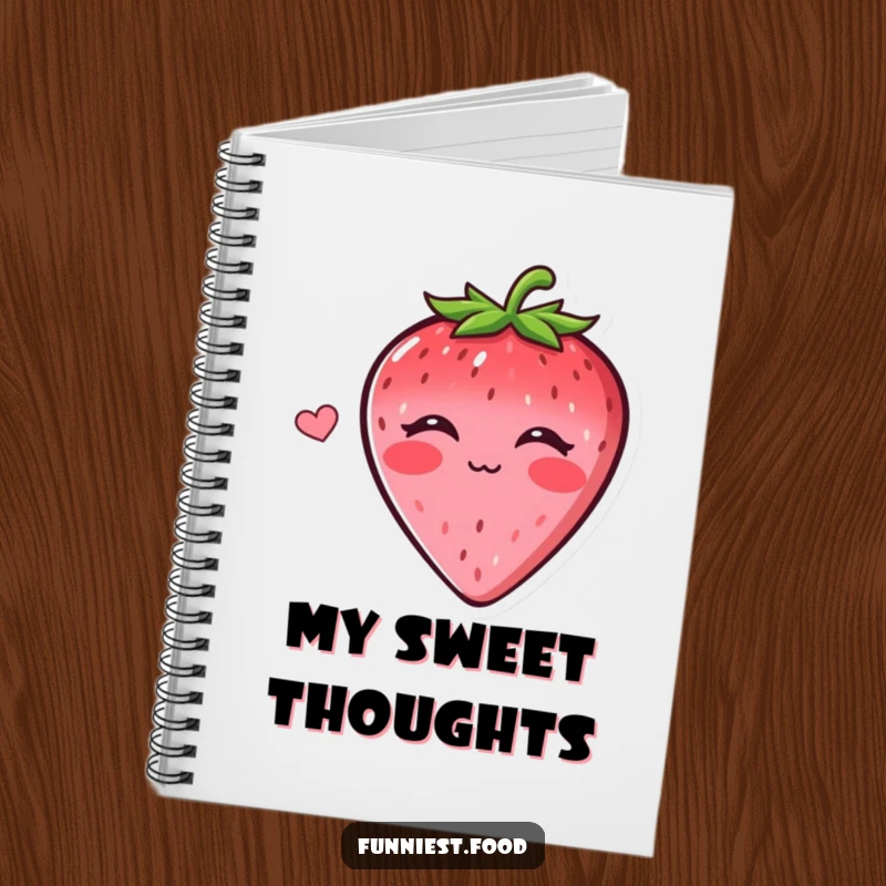 Funny notebook featuring a cheerful strawberry blowing a kiss, designed for writing down sweet thoughts and humorous ideas with style.