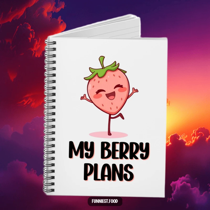 Funny grinning strawberry balancing on one leg, winking on a notebook, a cheerful and humorous stationery item.