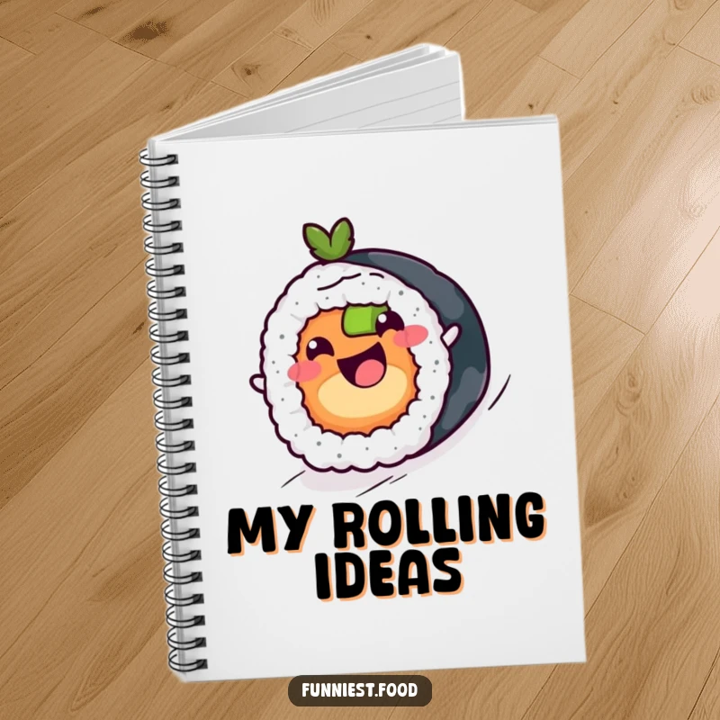 Funny sushi roll with a happy face on a notebook, a cheerful and humorous stationery item.