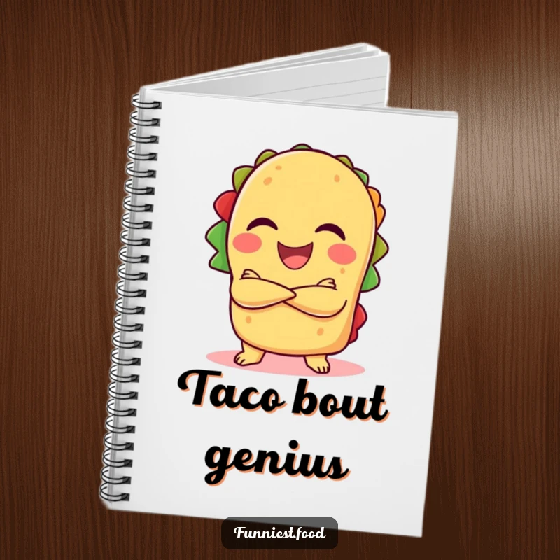 Funny laughing taco with crossed arms on a notebook, a cheerful and humorous stationery item.