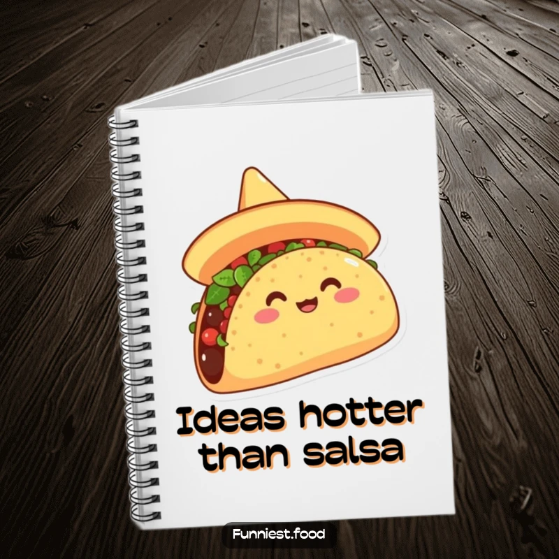 Funny notebook with an overjoyed taco wearing a sombrero, tipping it merrily, perfect for jotting down funny thoughts and ideas.