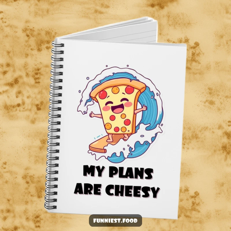 Funny laughing pizza slice surfing a soda wave on a notebook, for capturing ideas with humor, a superb funny gift.