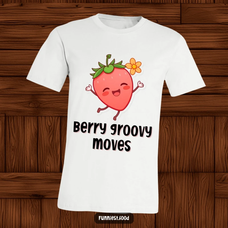 Funny Strawberry Dance T-Shirt: A joyful strawberry character performs a silly dance with a flower, capturing pure delight for a fun funny gift.