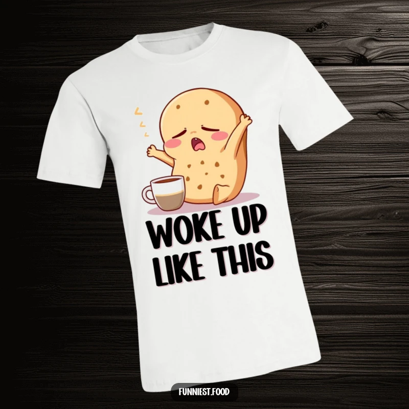 Funny Bagel T-Shirt: A sleepy bagel yawns and stretches near a coffee cup, showcasing the morning struggle in a humorous way.