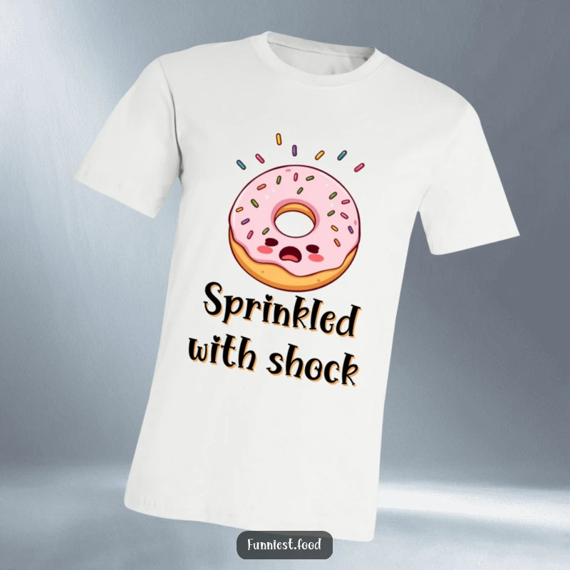 Funny bewildered donut t-shirt, wide-eyed and confused as a cascade of sprinkles falls upon it, comically overwhelmed.
