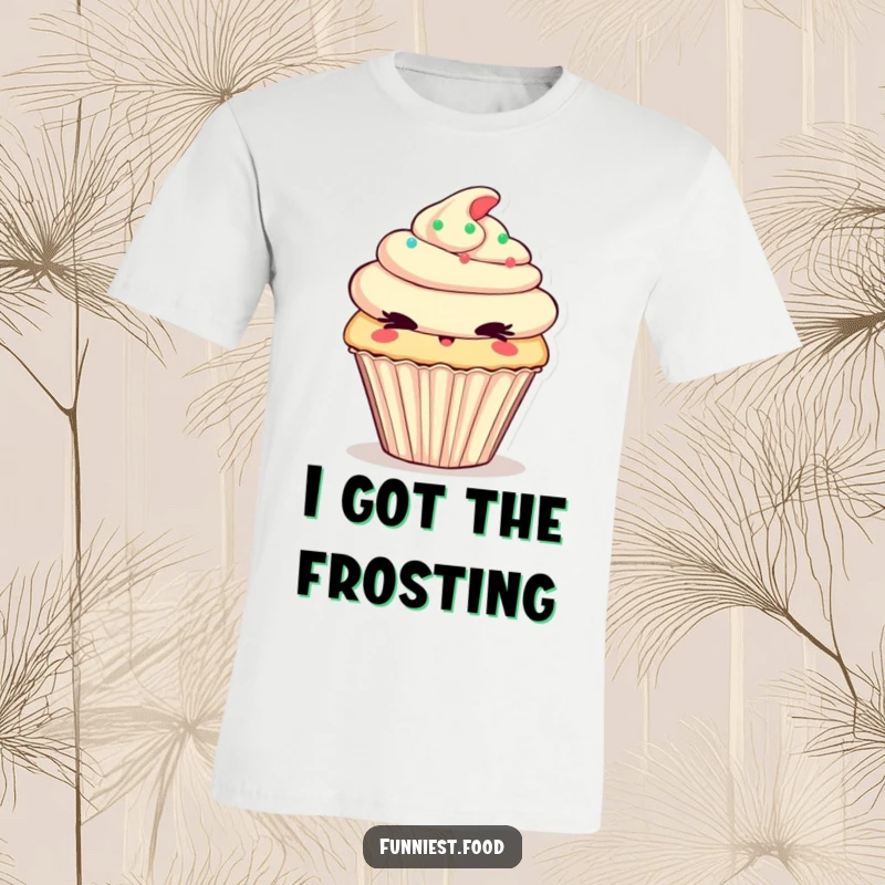 Funny T-Shirt depicting a cheeky cupcake character winking mischievously, symbolizing sweet fun and playful charm.