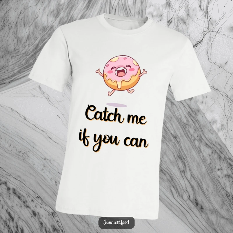 Funny donut t-shirt with frosting dripping, captured dynamically in a joyful, leaping motion, radiating happiness.