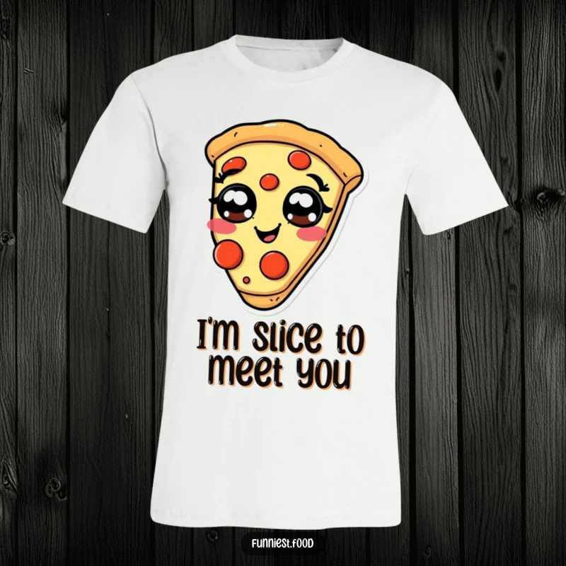 Funny giggling pizza t-shirt, featuring a slice with pepperoni eyes, humorous food apparel.
