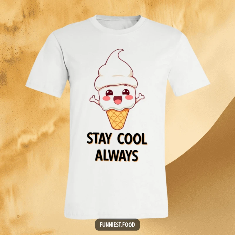 Funny T-Shirt with an excited ice cream cone character wearing a cone hat, radiating happiness and a love for dessert.