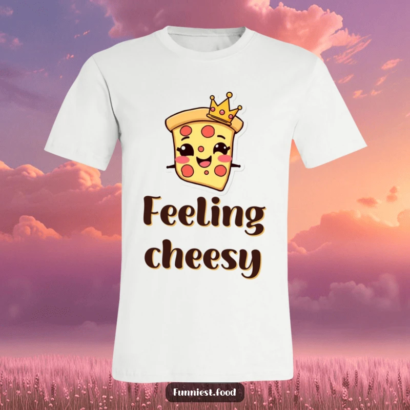 Funny T-Shirt featuring a grinning pizza slice character wearing a tiny crown, embodying cheesy perfection and playful royalty.