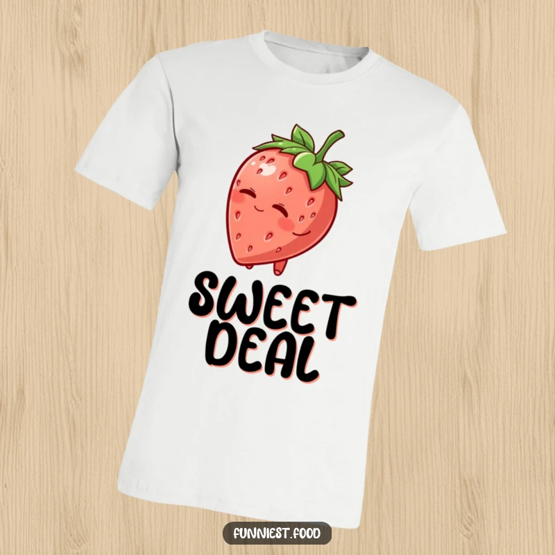 Funny T-Shirt: A cute strawberry character wearing a leafy hat winks mischievously, radiating playful charm and a friendly vibe.