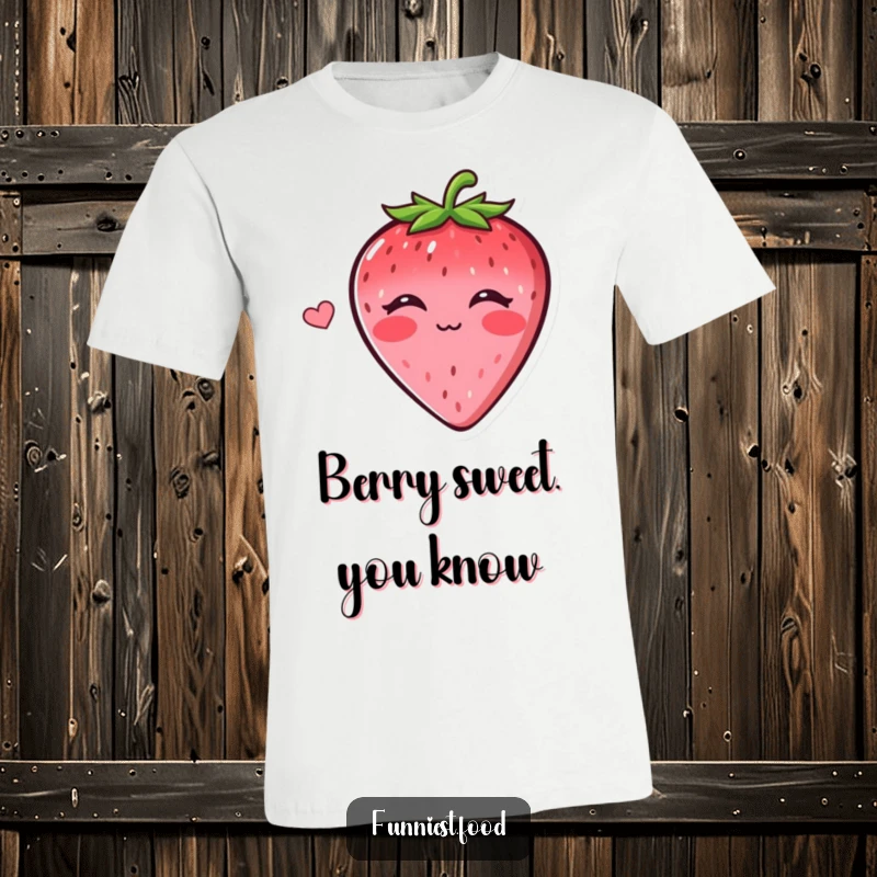 Funny t-shirt print of a cheerful strawberry cartoon blowing a kiss, exuding sweet humor and charm, an ideal funny gift.