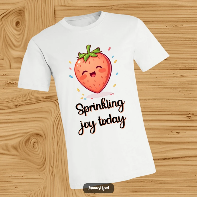 Funny Strawberry T-Shirt: A happy strawberry character reaching for falling sprinkles, showcasing a moment of sweet, playful delight.