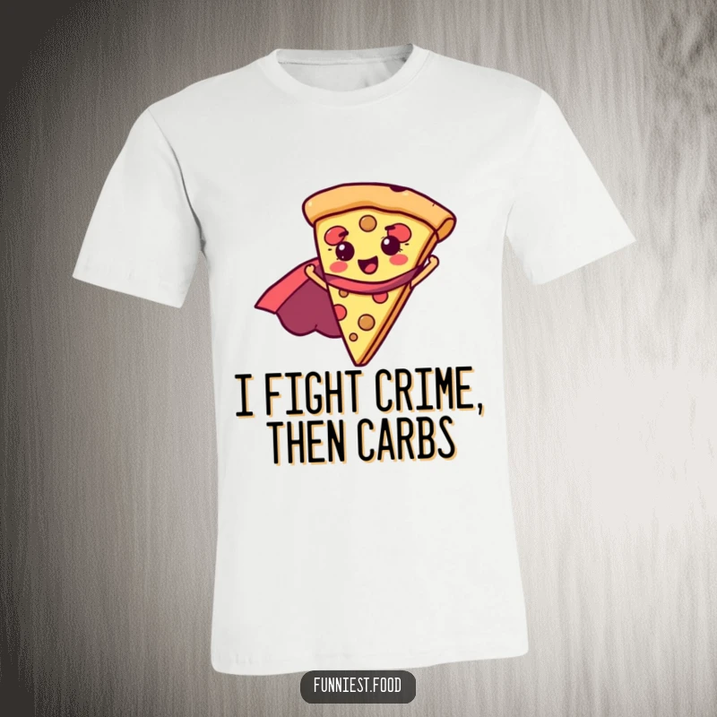 Funny pizza slice wearing a superhero cape, exuding joy and power on this graphic tee, a hilarious foodie present.