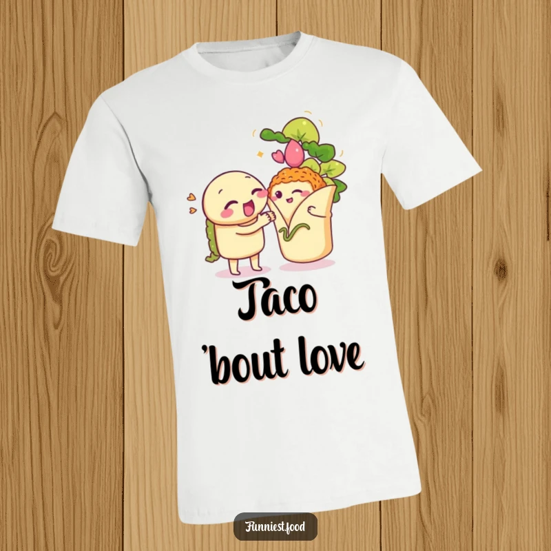 Funny Taco T-Shirt: A winking taco serenades a blushing burrito, showcasing a humorous and romantic fiesta scene.
