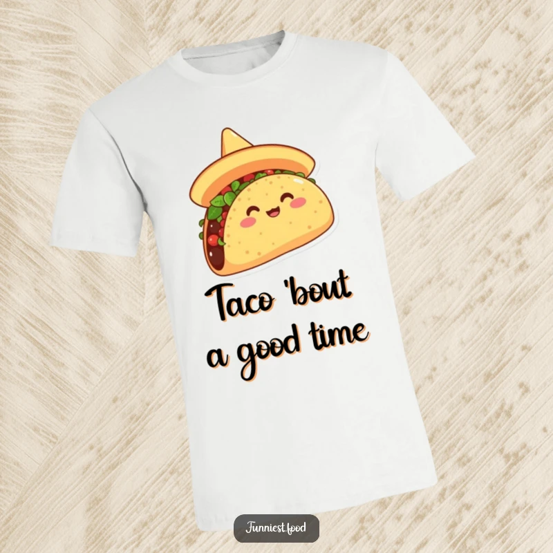 Funny t-shirt with an overjoyed taco wearing a sombrero, tipping it in a gesture of pure, hilarious celebration, a great gift.