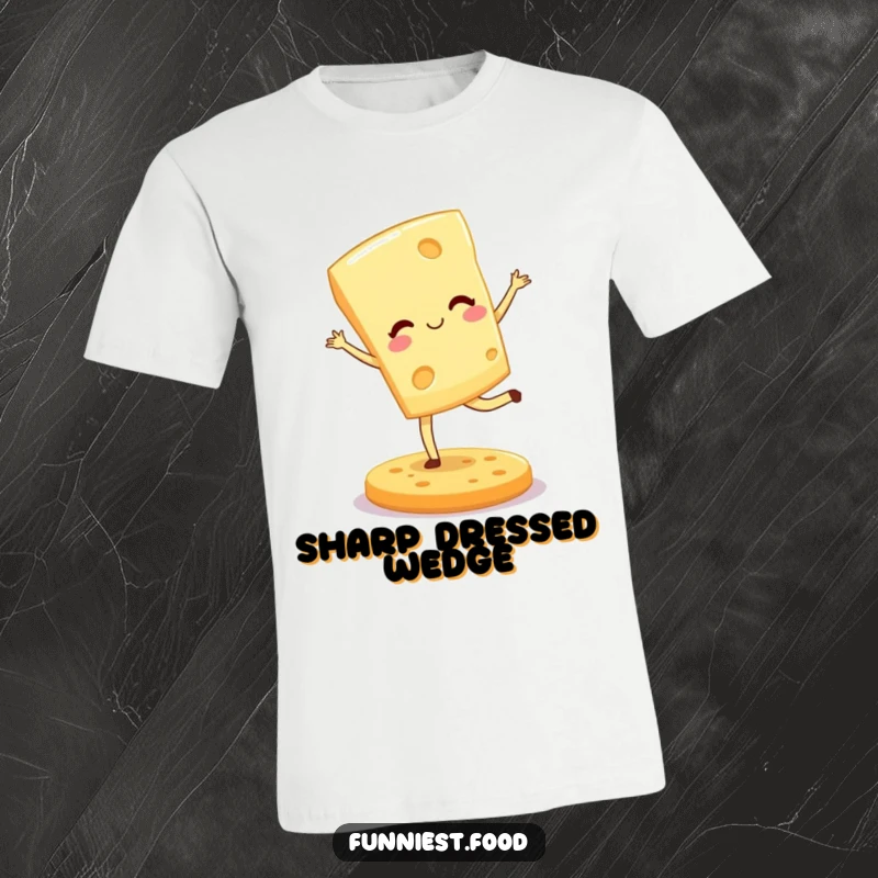 Funny t-shirt featuring a winking cheese wedge gracefully pirouetting on a cracker, celebrating food and dance humor.