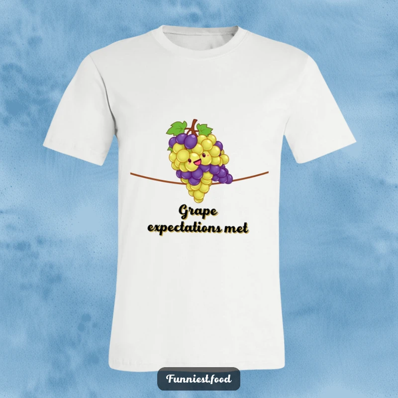 Funny T-Shirt with a giddy bunch of grapes performing a thrilling tightrope act, a statement of fruity fun.
