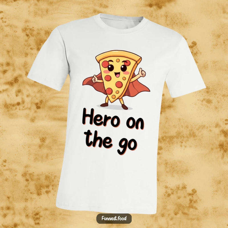 Funny Hero Pizza Slice T-Shirt: A proud pizza slice wearing a flowing red cape strikes a confident superhero stance.