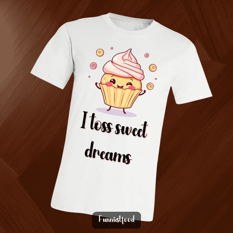 Funny T-Shirt with a joyful cupcake character skillfully juggling tiny frosting swirls, perfect for casual wear.