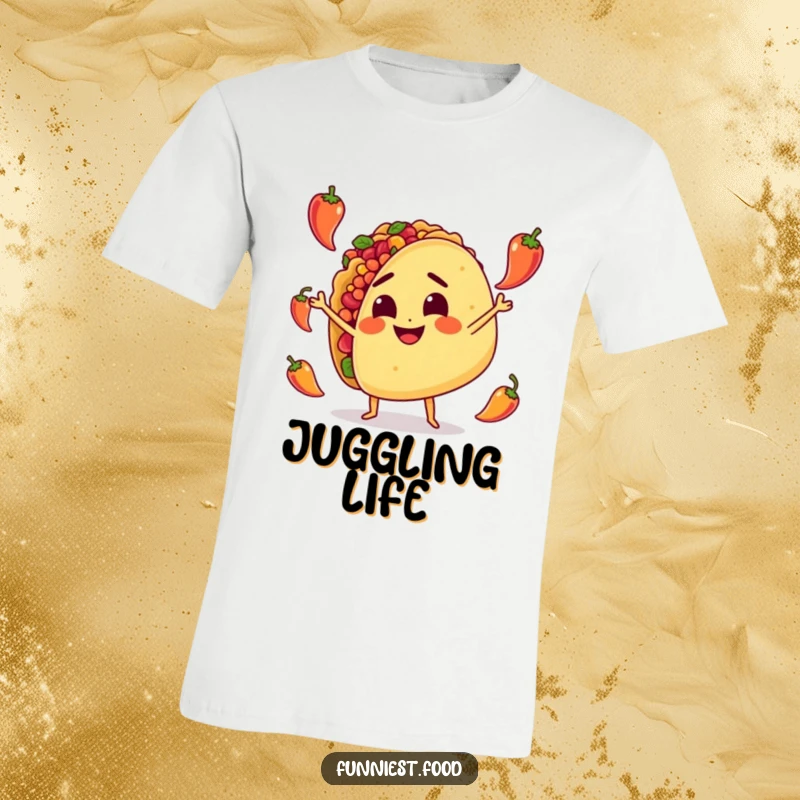 Funny T-Shirt: A cartoon taco with a determined look joyfully juggles small, vibrant peppers, celebrating flavor and fun.