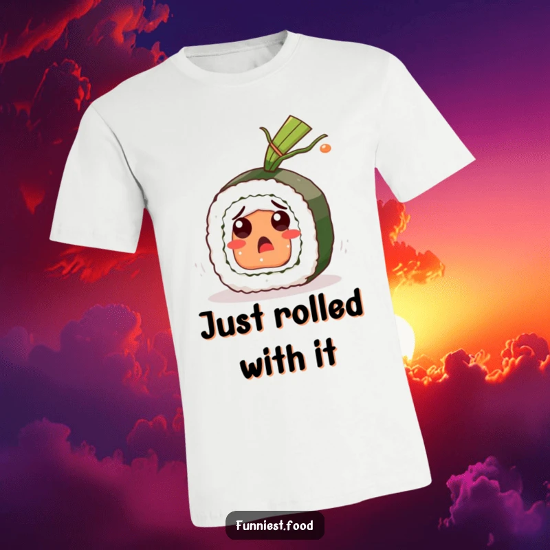 Funny Sushi Roll T-Shirt: A startled sushi character dodges flying seaweed, capturing a moment of pure, comical surprise for a wearable funny gift.