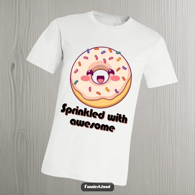 Funny T-Shirt: A cheerful donut covered in sprinkles is captured in a dynamic pose, bouncing with infectious excitement.