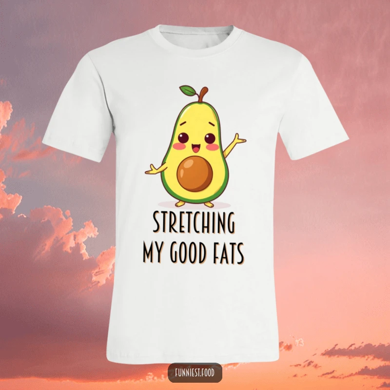 Funny surprised avocado character in a challenging yoga pose, printed on a humorous and comfortable t-shirt.