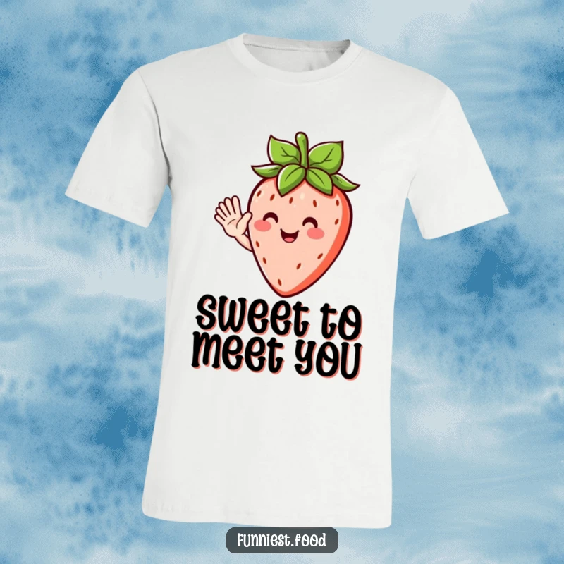 Funny t-shirt showcasing a joyful strawberry character with leafy hair, giving a friendly and humorous wave.