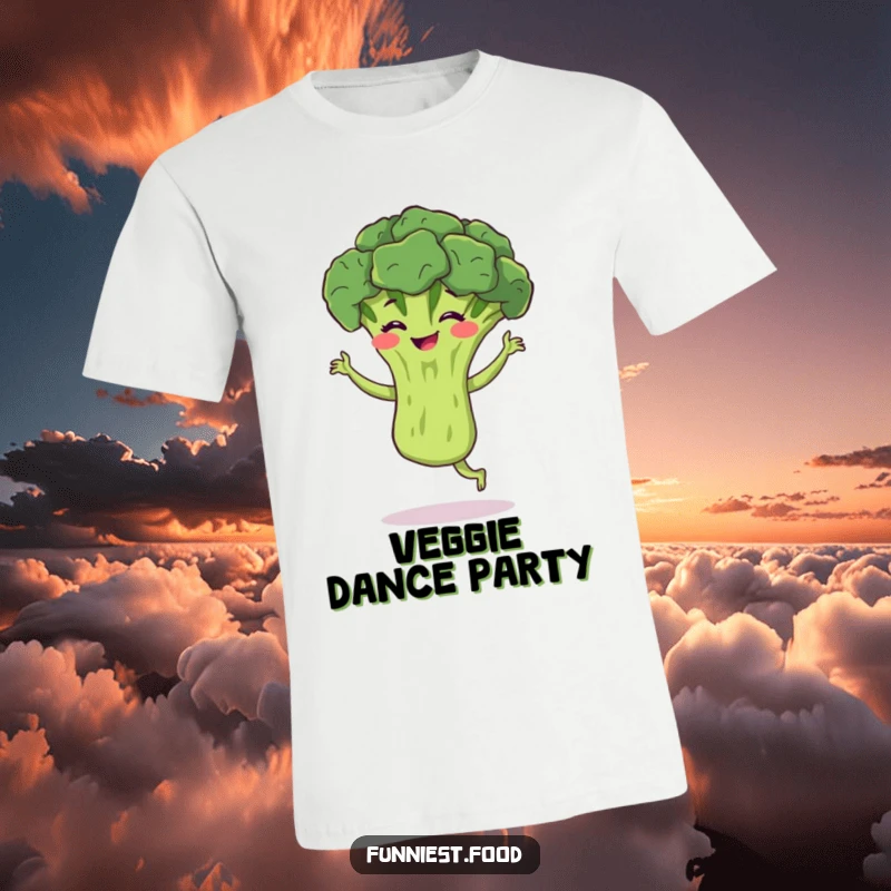 Funny broccoli t-shirt depicting a bouncing broccoli performing a silly jig with a grin, ideal for a fun, healthy gift.