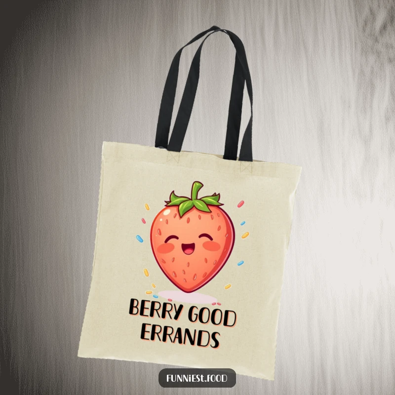 Funny Strawberry Tote Bag: A delightful strawberry character attempts to catch falling sprinkles, a fun and practical bag.