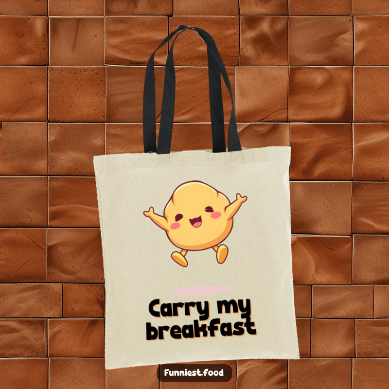 Funny tote bag showcasing a jumping croissant character with butter pat feet, ideal for stylishly carrying daily essentials.