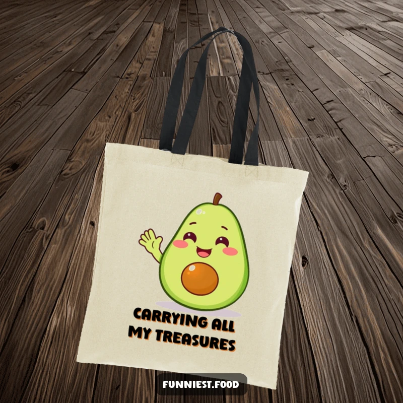 Funny avocado tote bag featuring a delighted avocado giving a friendly wave, ideal for humorous and practical use.