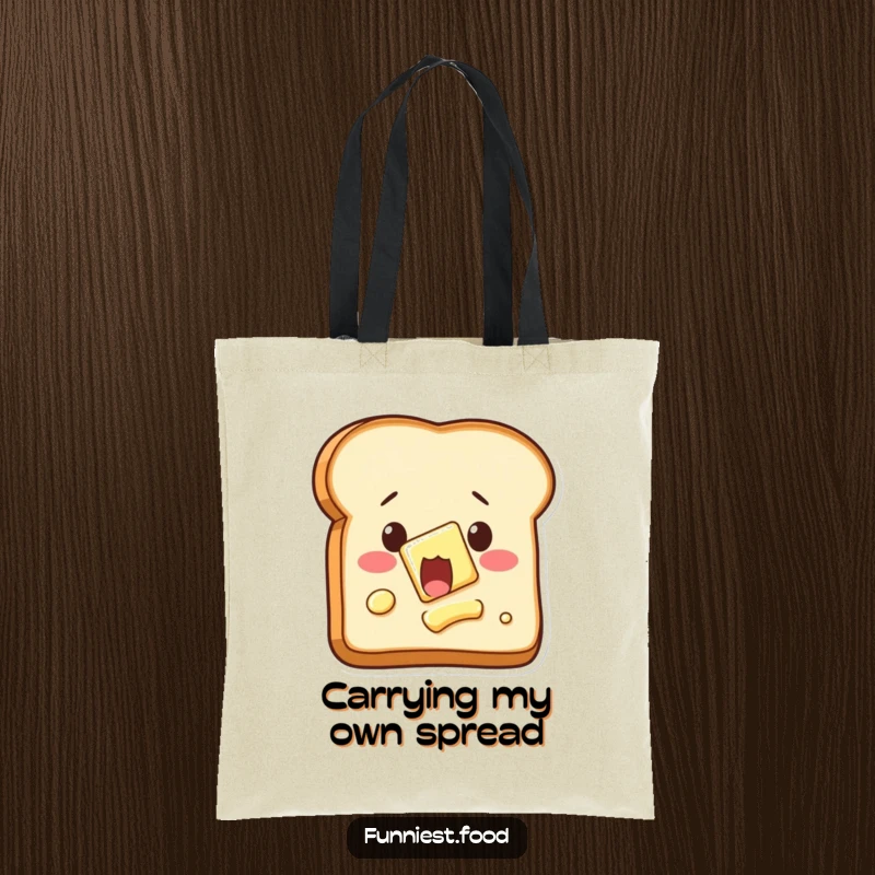 Funny self-buttering toast tote bag, showing shocked toast with spreading butter, practical and humorous.