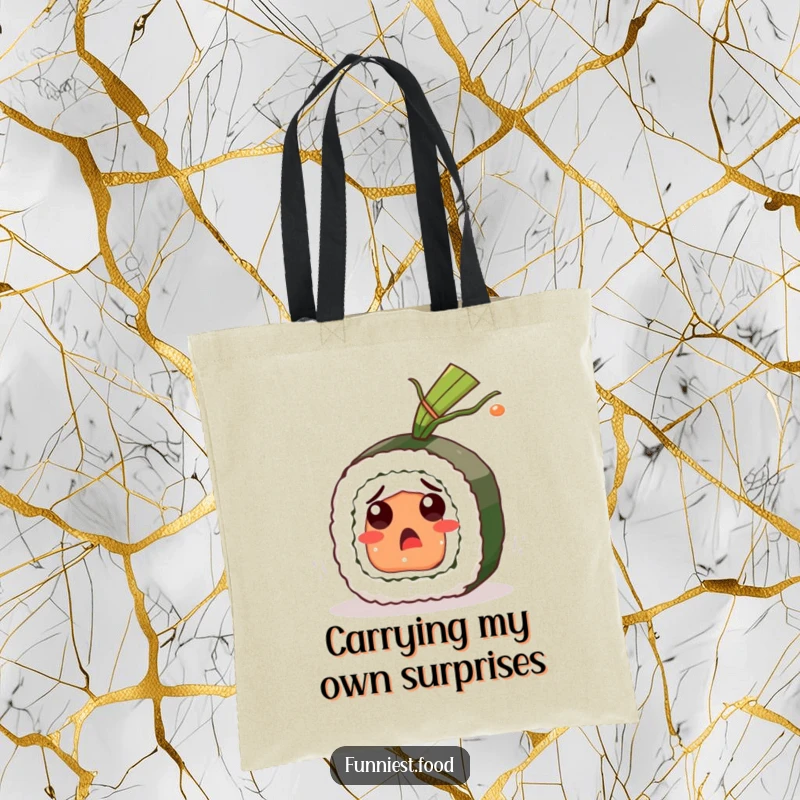 Funny Sushi Roll Tote Bag: A surprised sushi character reacts to flying seaweed, showcasing a humorous, eye-catching design for a practical funny gift.