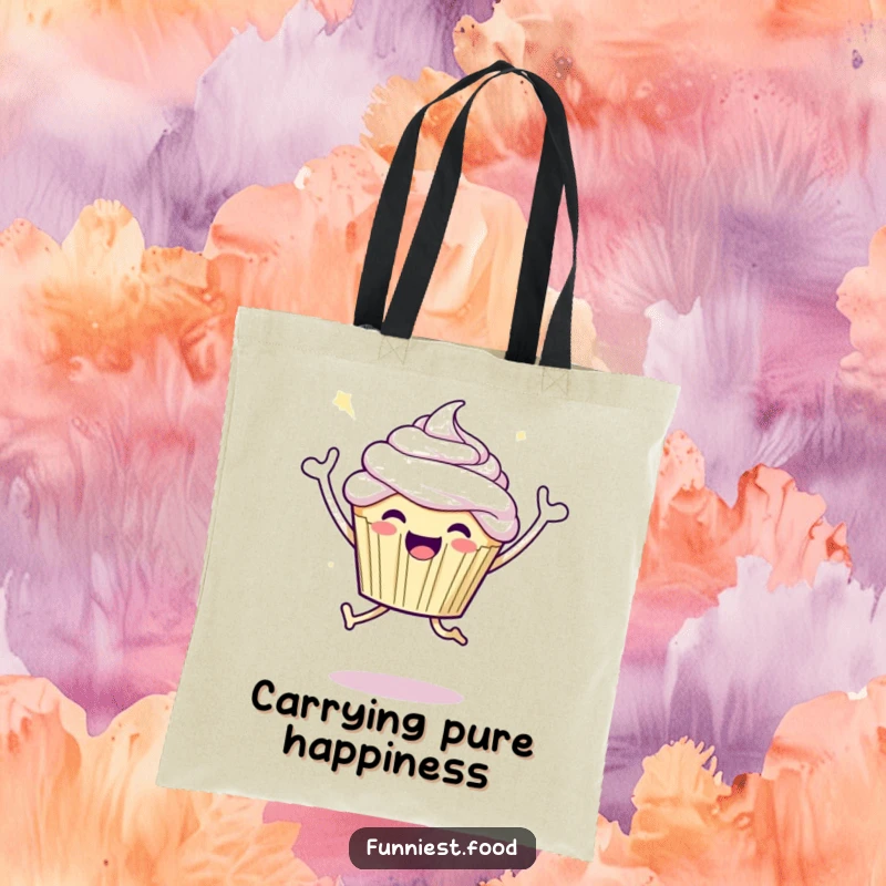 Funny tote bag with a joyful cupcake character doing a celebratory jump, perfect for daily use and happy occasions.