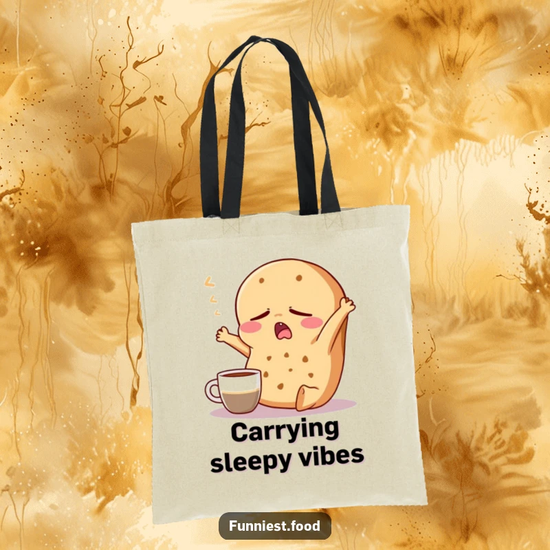 Funny Bagel Tote Bag: A sleepy bagel character yawns near a coffee cup, a humorous and practical bag for morning routines.