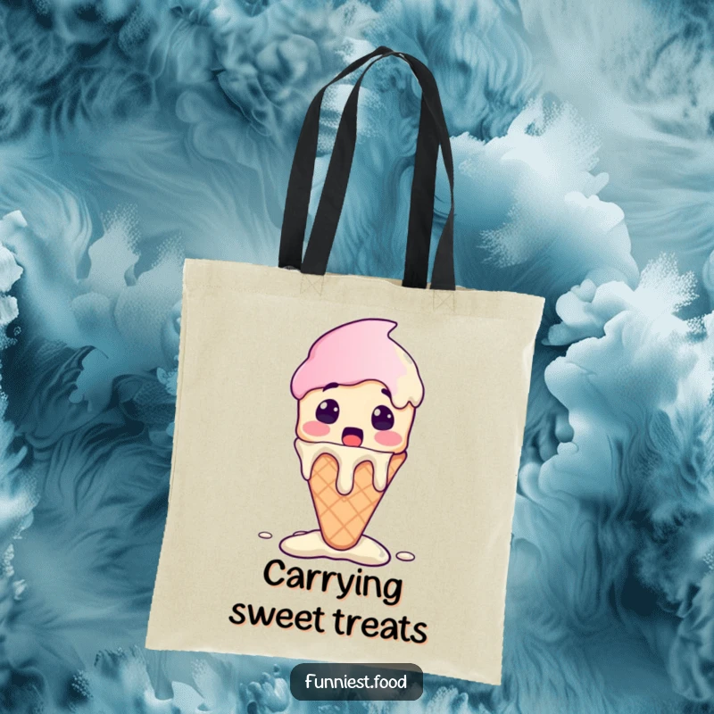 Funny Ice Cream Tote Bag with a surprised ice cream cone character melting with excitement, practical and cheerful.