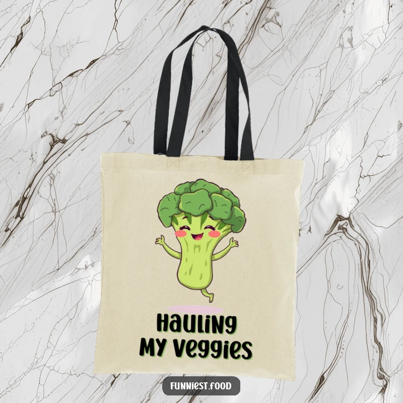 Funny broccoli tote bag depicting a bouncing broccoli performing a silly jig with a grin, excellent for a fun, functional gift.