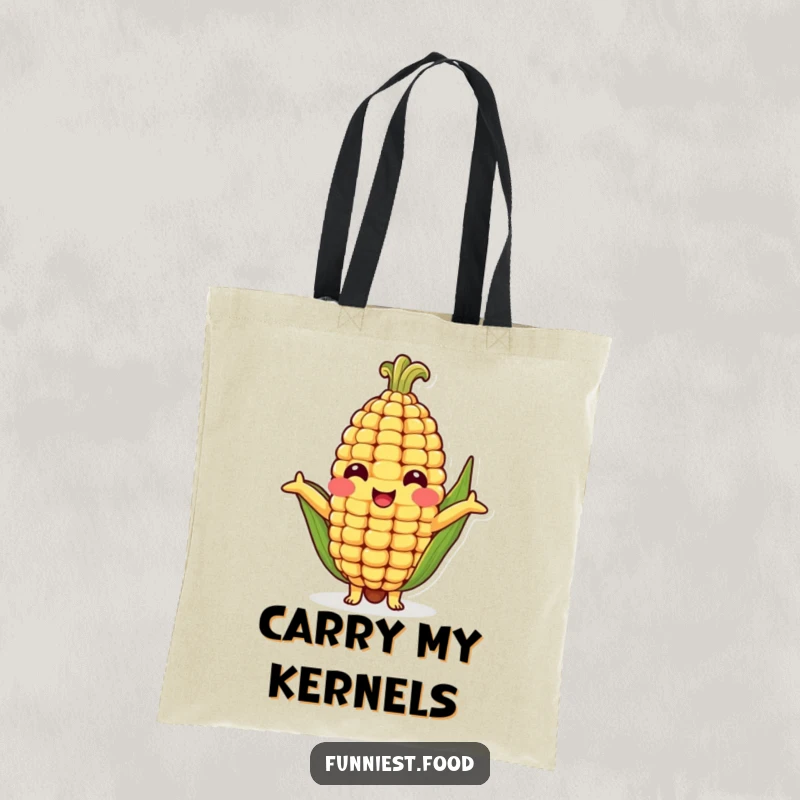 Funny tote bag featuring a cheerful corn cob character with arms wide open, offering a humorous and welcoming hug.