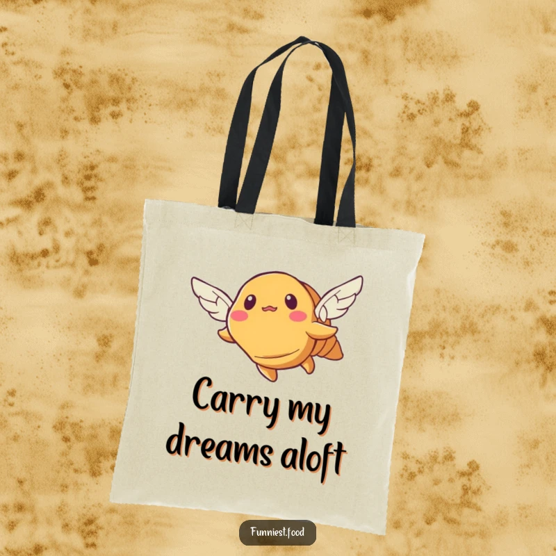Funny croissant tote bag, depicting a bewildered pastry with small wings trying to fly, practical and humorous.